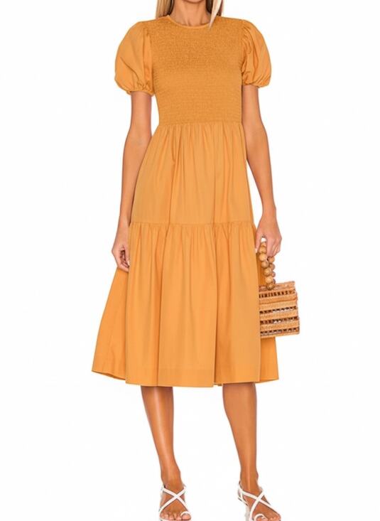 Anthropologie Dresses & Skirts - S/W/F Anthropologie Midi Dress Orange Cotton Smocked Bust Puff Sleeve Medium